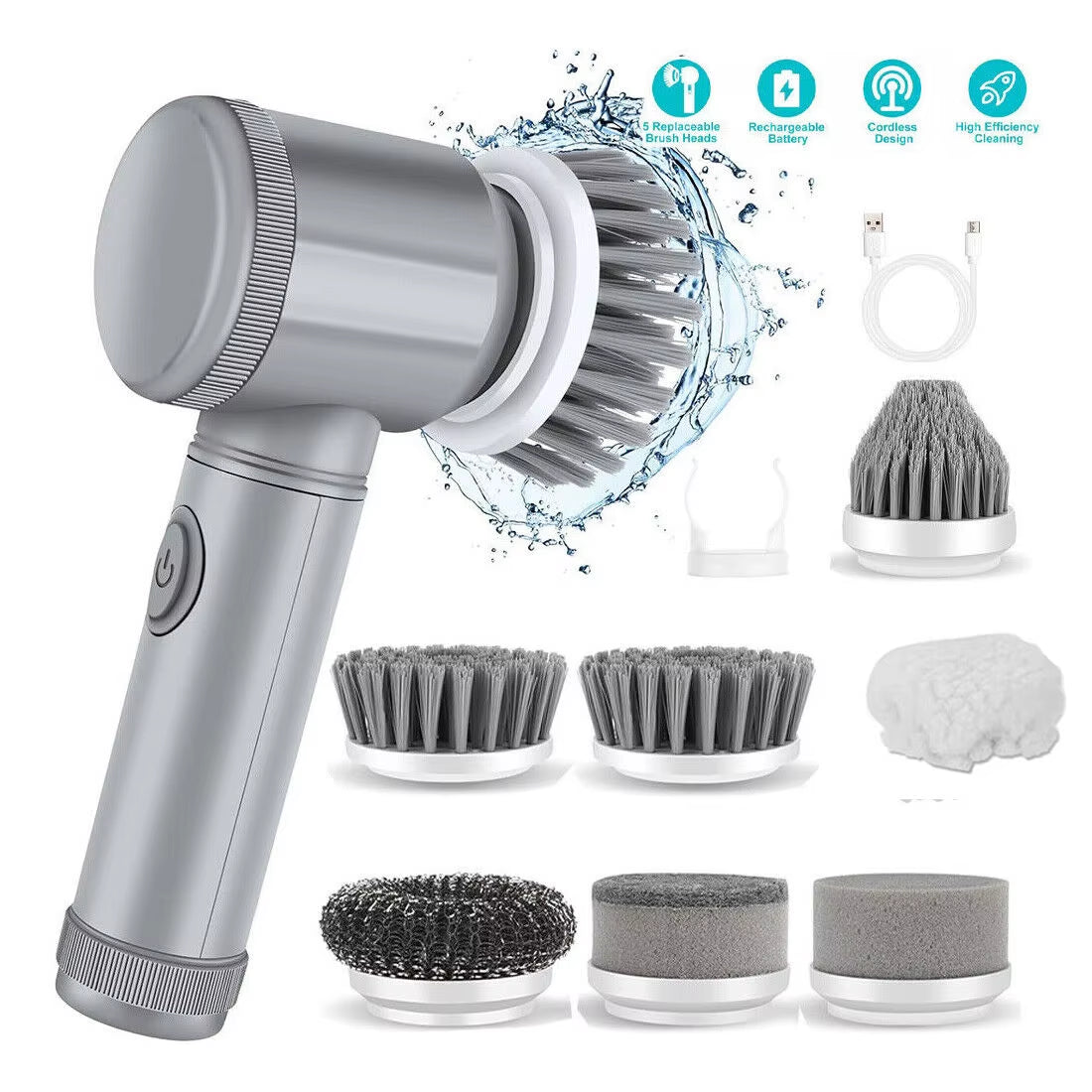 Rechargeable Electric Cordless Cleaning Brush Spin Scrubber Turbo Scrub Cleaner with Replaceable Brush Heads