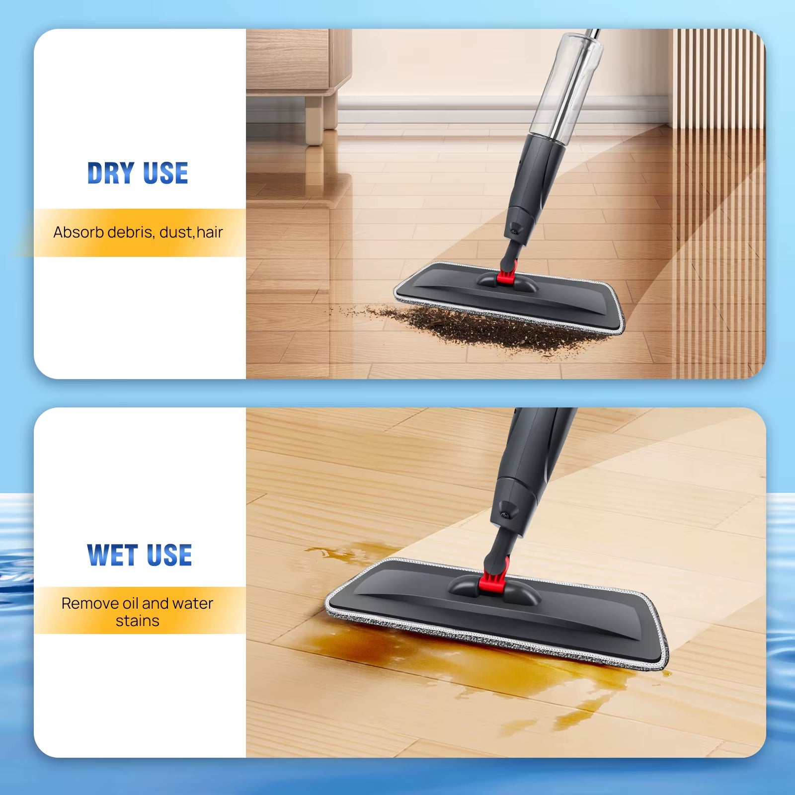 Dayplus Wet and Dry Spray Mop Floor Wiper with Spray Function with 3 Wiper Pads and Window Scraper, 360° Rotating Mop 700Ml