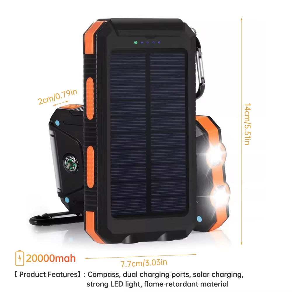 Portable Solar Power Bank 20000Mah Large Capacity Mobile Phone Charger with Flashlight Outdoor Emergency Power Bank for Phones