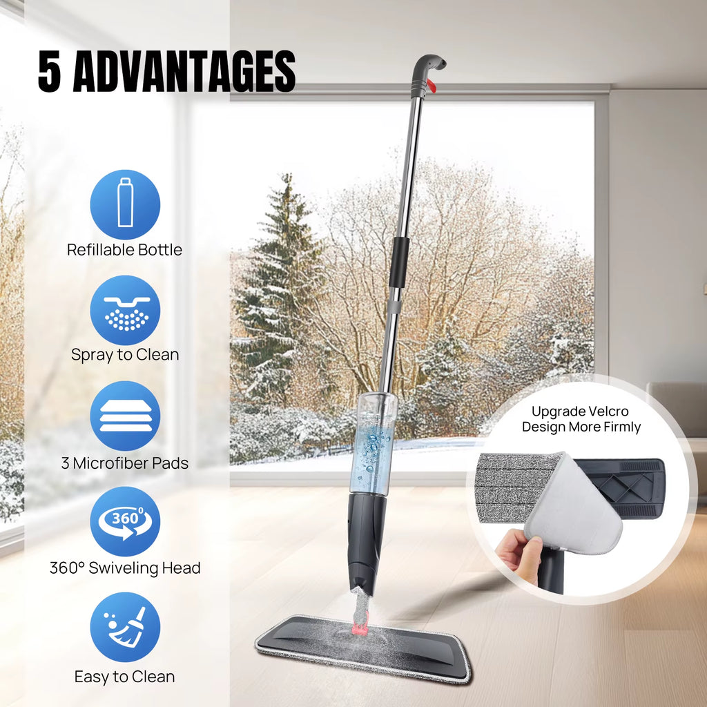 Dayplus Wet and Dry Spray Mop Floor Wiper with Spray Function with 3 Wiper Pads and Window Scraper, 360° Rotating Mop 700Ml