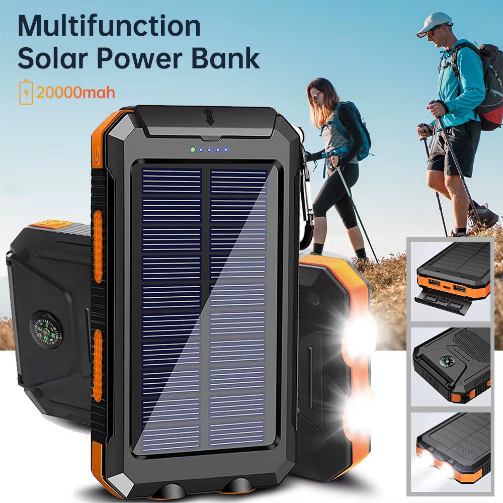 Portable Solar Power Bank 20000Mah Large Capacity Mobile Phone Charger with Flashlight Outdoor Emergency Power Bank for Phones
