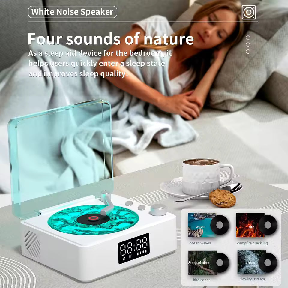 Waves Vinyl Player Bluetooth Speaker with White Noise Retro Turntable Speaker Sleep Aid Vitrola Shaped Speaker with RGB Light