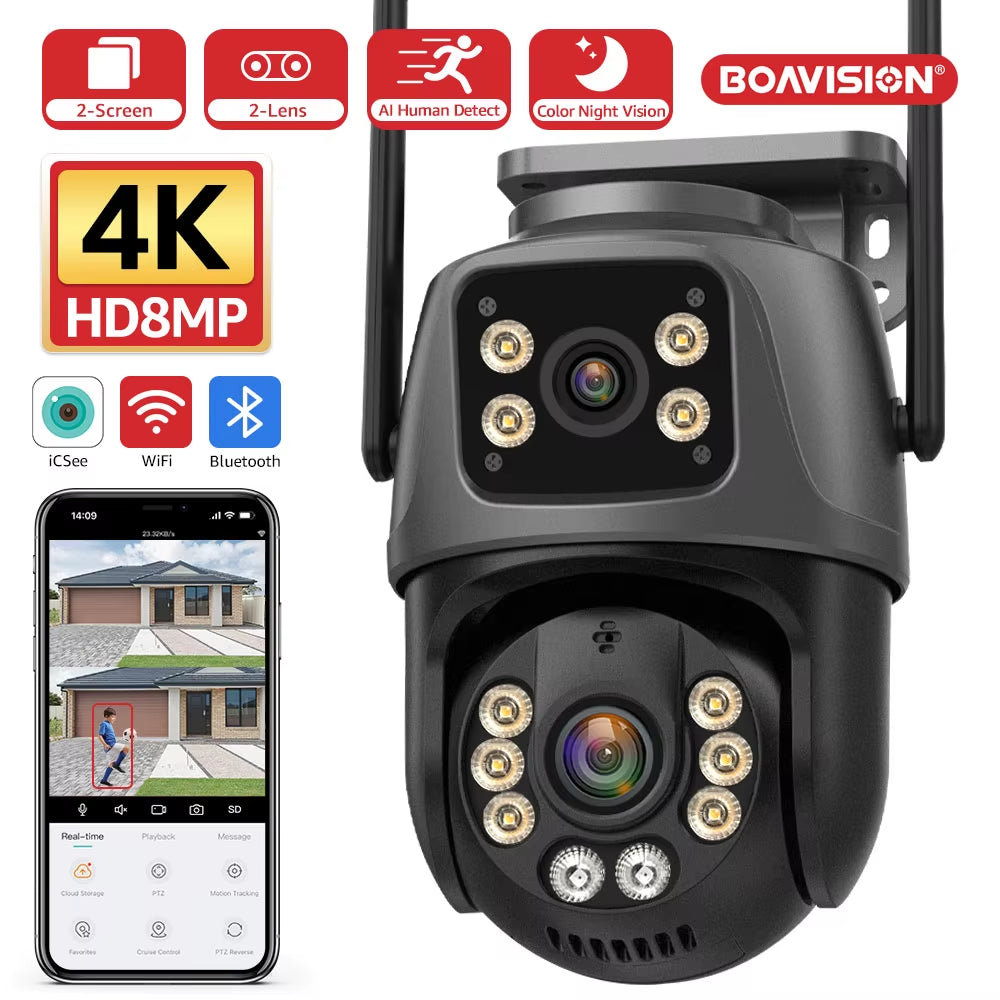 Wifi Camera Outdoor 8MP PTZ Human Detection Color Night Vision Security Protection Dual Lens and Dual Screen Surveillance Camera