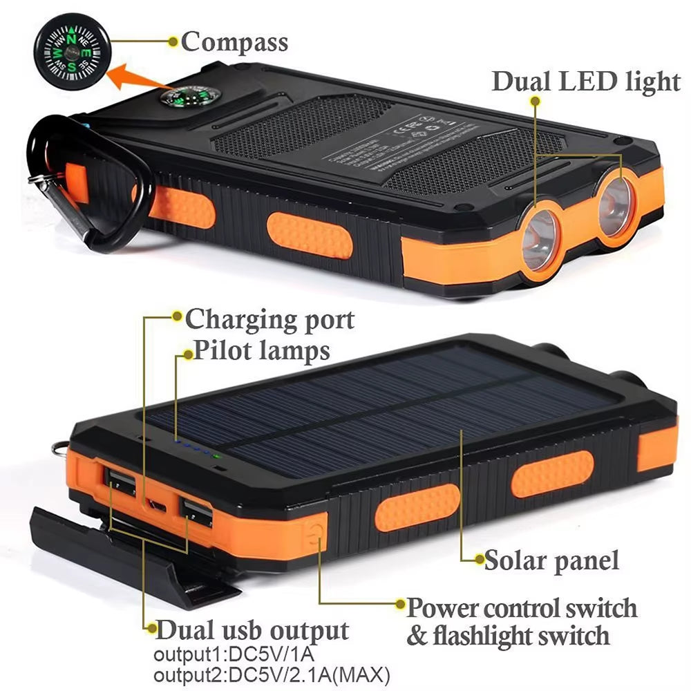 Portable Solar Power Bank 20000Mah Large Capacity Mobile Phone Charger with Flashlight Outdoor Emergency Power Bank for Phones