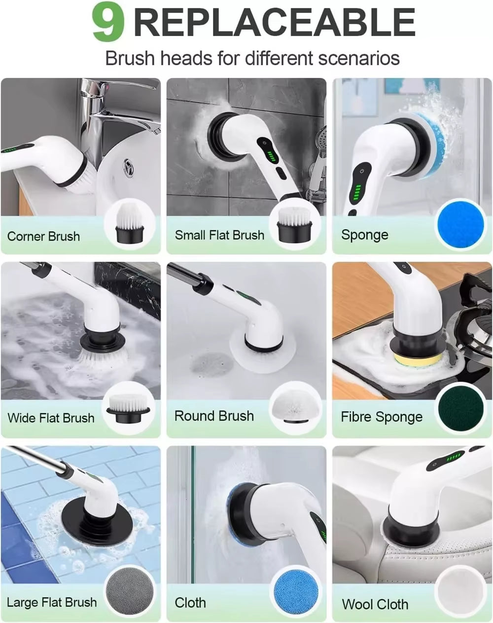 9 in 1 Electric Spin Scrubber Handheld Cleaning Brush Electric Scrubber Power Spin Scrubber Cord