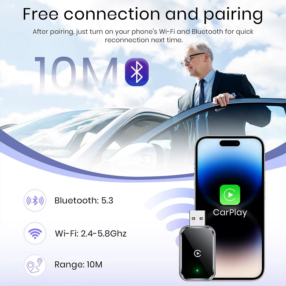 Wired to Wireless Carplay Adapter 2In1 Mini Android Auto Carplay Adapter for Apple with USB Plug and Play Wifi Fast Connect